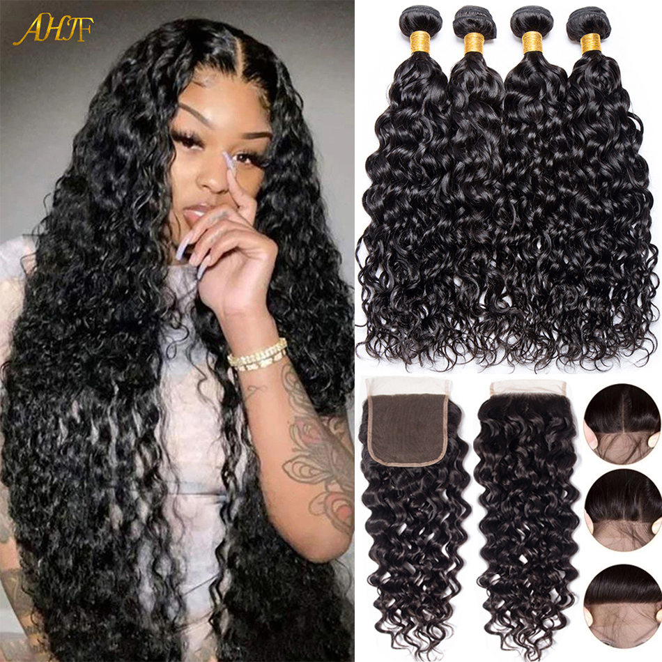 บาท Water Wave ปิดเปียกและหยัก Curly Human Hair Bundles ปิดหน้าผาก Remy ผมสาน