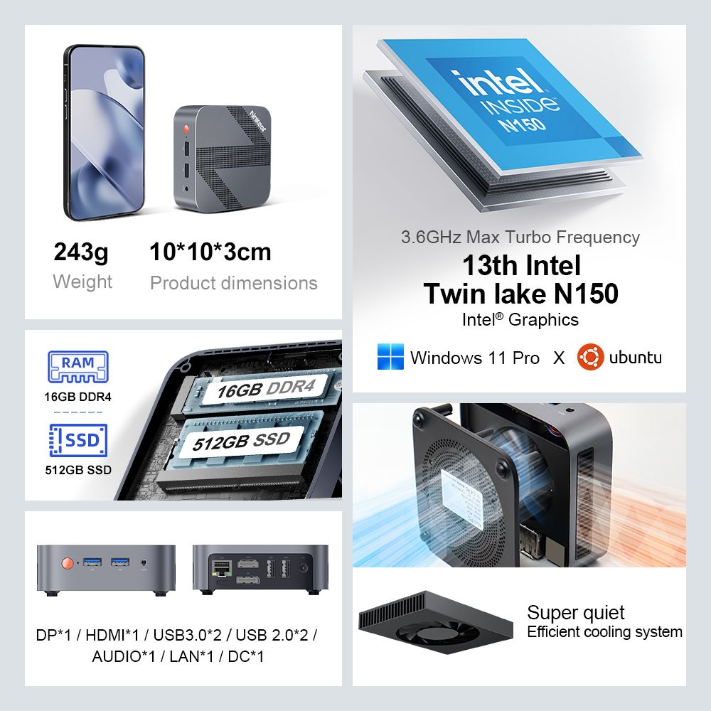 Ninkear MBOX 11 Mini PC Intel N150 fino a 3,6 GHz 16 GB DDR4 512 GB SSD Supporto 2 Schermi 2.4G + 5G WIFI HDMI 3.0*2 Computer Windows 11