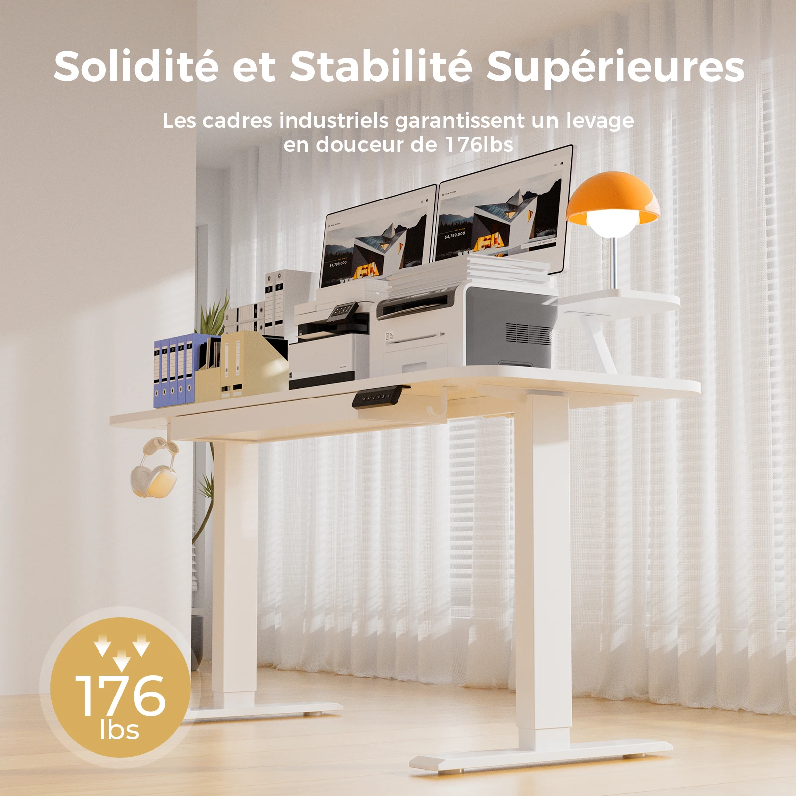 Bureau électrique réglable en hauteur COMHOMA avec tiroirs, support d'écran, support de tablette, avec contrôle de mémoire à 3 hauteurs, blanc