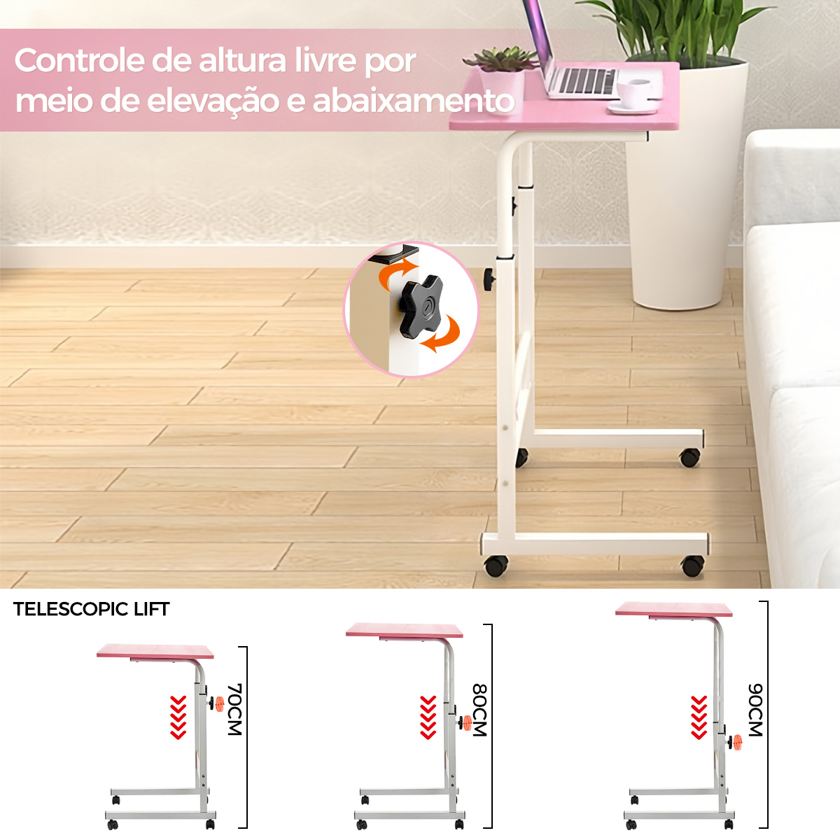 Mesa ajustável para laptop com rodas, mesa giratória para computador ao lado do sofá-cama, mesa elevatória para laptop, mesa lateral