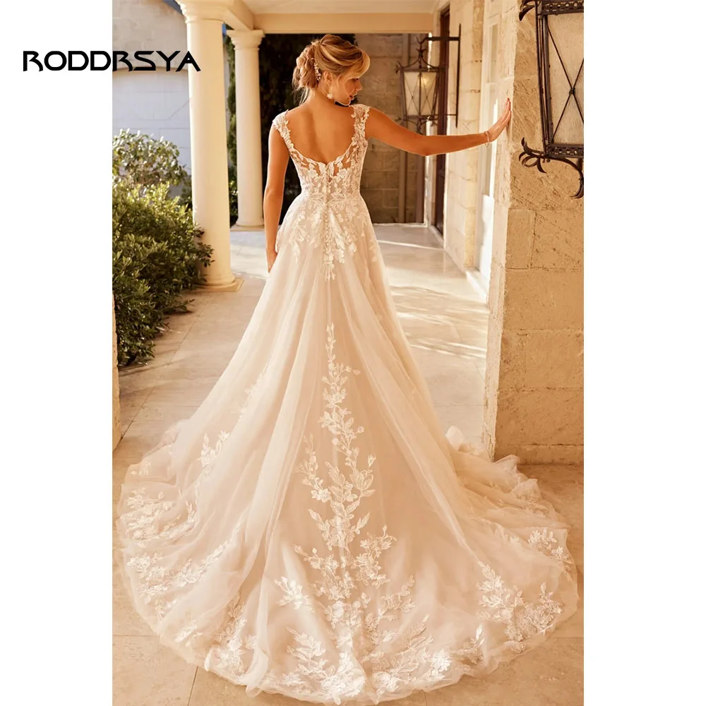RODDRSYA elegante abito da sposa per donna con scollo a v manica con cappuccio Appliques in pizzo Vestido De Noiva con pulsante Sweep Train Custom Made