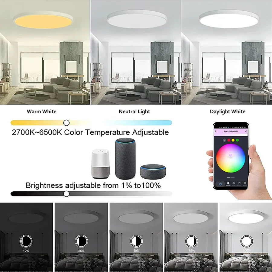 Tuya WiFi 스마트 천장 조명 RGBCW Led 천장 조명 샹들리에 24W 220V 침실 거실 장식 Alexa Google 홈