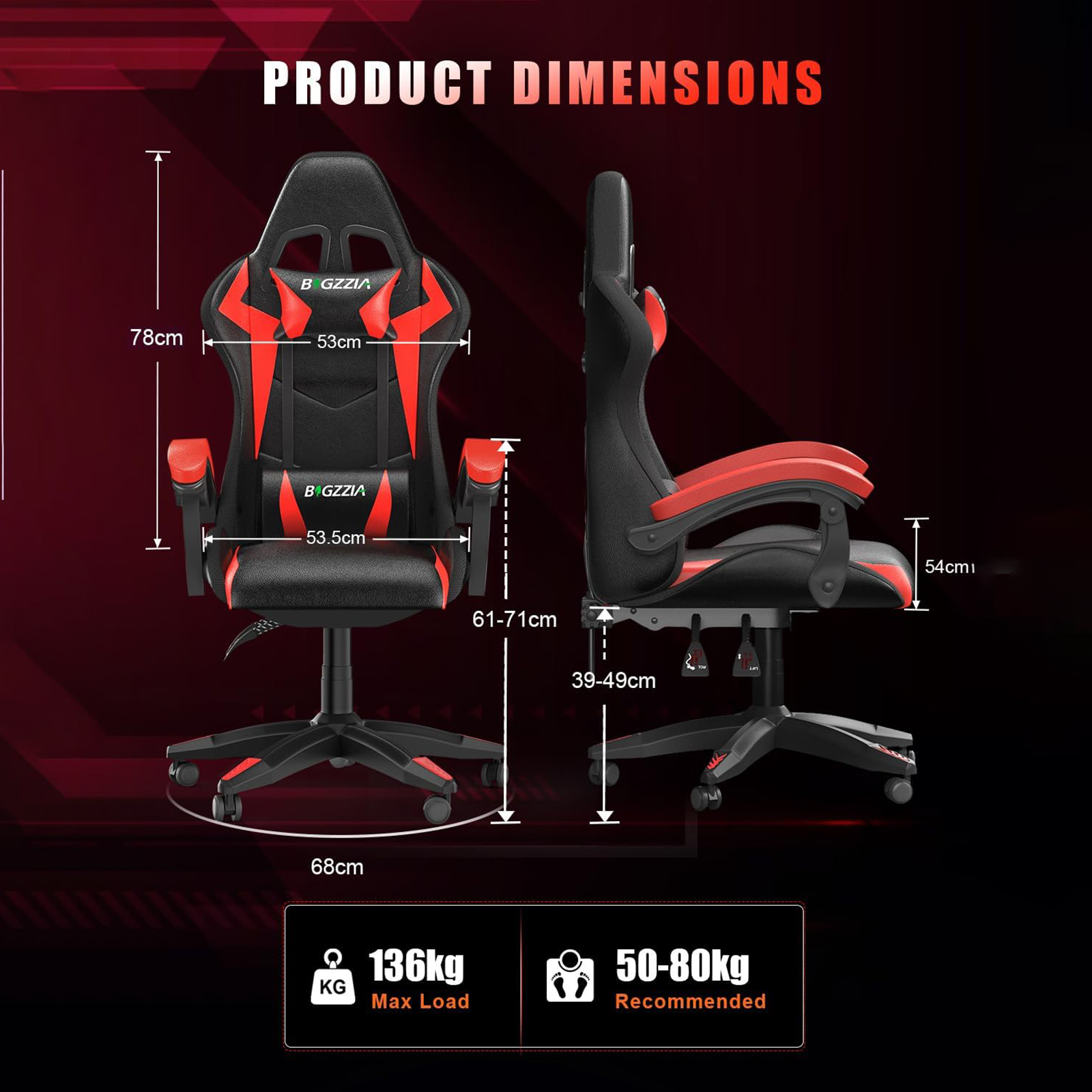 Bigzzia Chaise de jeu avec LED RGB Chaises de jeu Chaise PC ergonomique avec appui-tête Chaise de jeu Éclairage lumineux RVB Chaise d'ordinateur