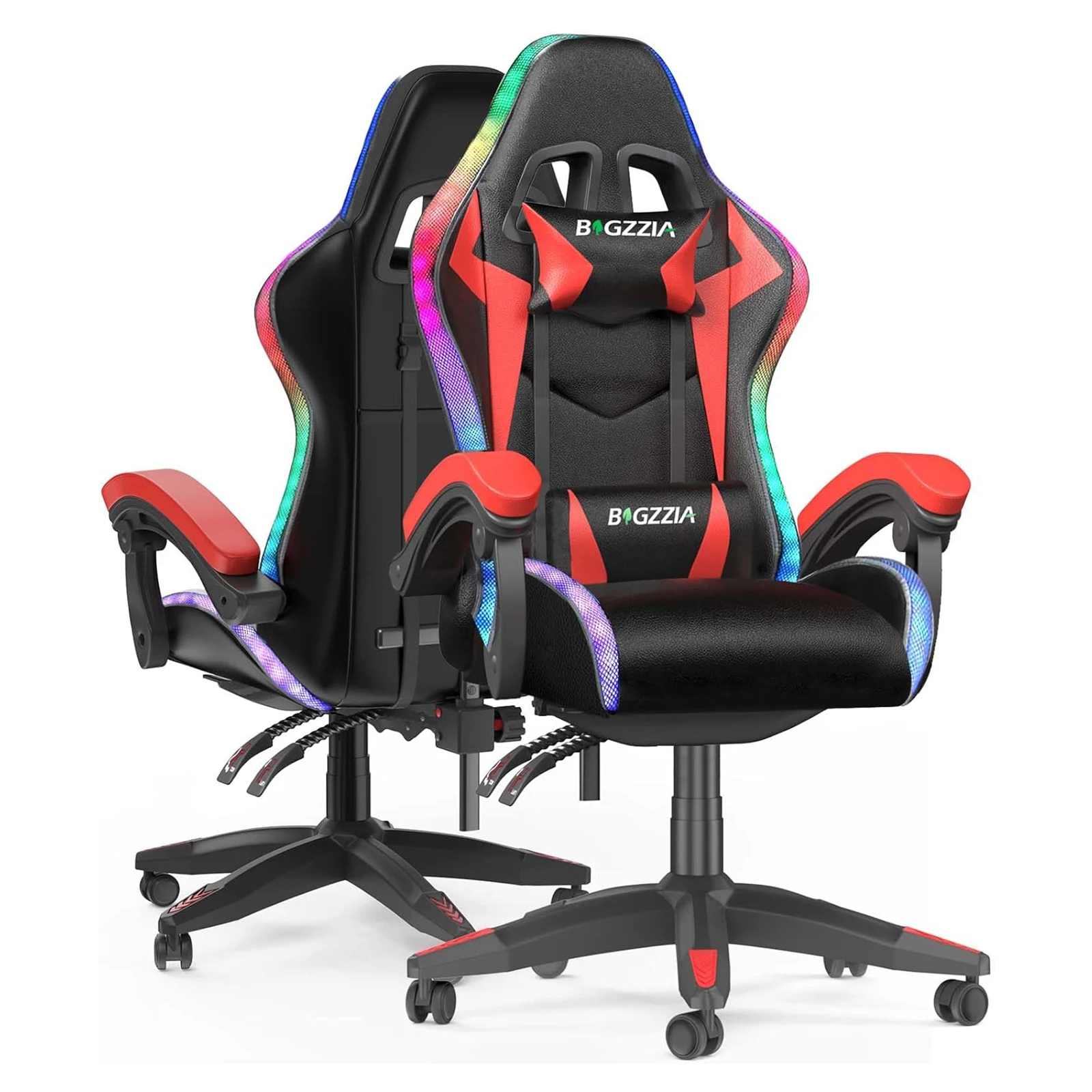 Krzesło gamingowe Bigzzia z podświetleniem LED RGB, ergonomiczne krzesło komputerowe z zagłówkiem, krzesło gamingowe z oświetleniem RGB, krzesło komputerowe.