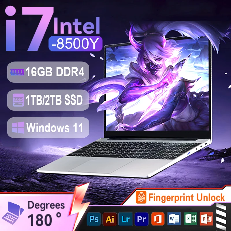 Laptop Windows 11 i7 da 15,6 pollici Intel Core i7 8500Y PC 16 GB di RAM 1 TB 2 TB SSD Laptop Impronte digitali Sblocco Computer portatile da gioco