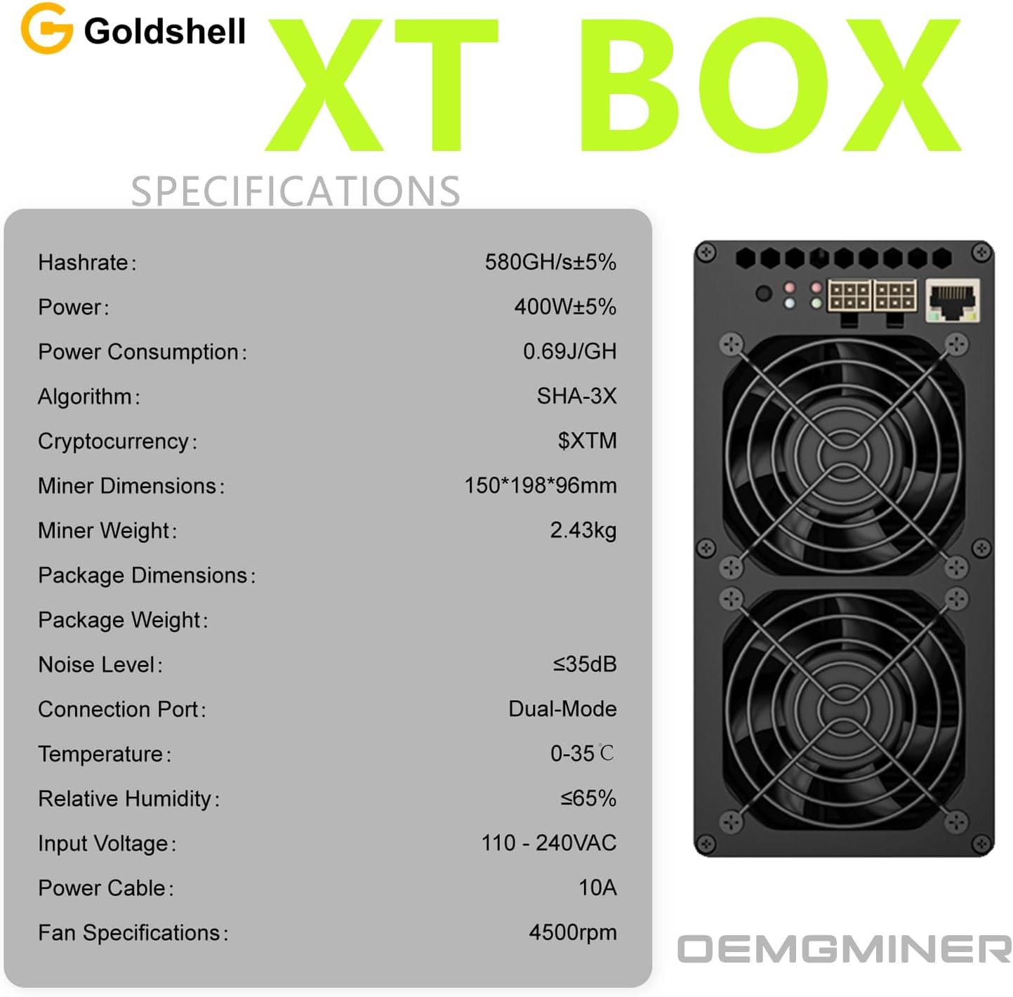 AD COMPRE 2 GANHE 1 GRÁTIS Nova caixa Goldshell XT 580Gh/s 400W ASIC Miner para Tari (XTM) Moeda Algoritmo SHA3x 0,69j/Gh Crista de mineração doméstica
