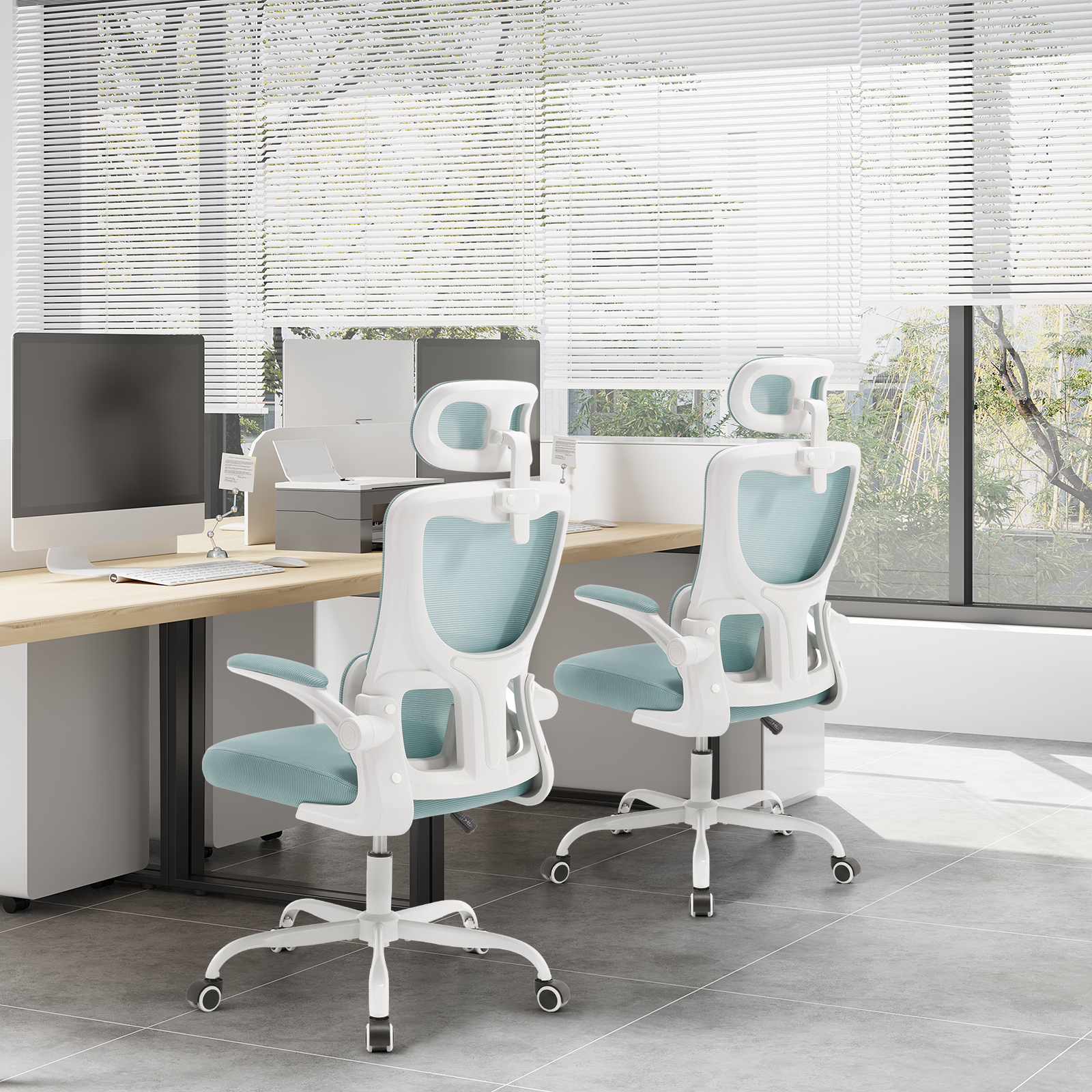 WOLTU Drehbarer Bürostuhl, ergonomischer Netz-Schreibtisch, Computerstuhl, höhenverstellbar, Schaukelfunktion, umkehrbare Armlehnen, Kopfstütze