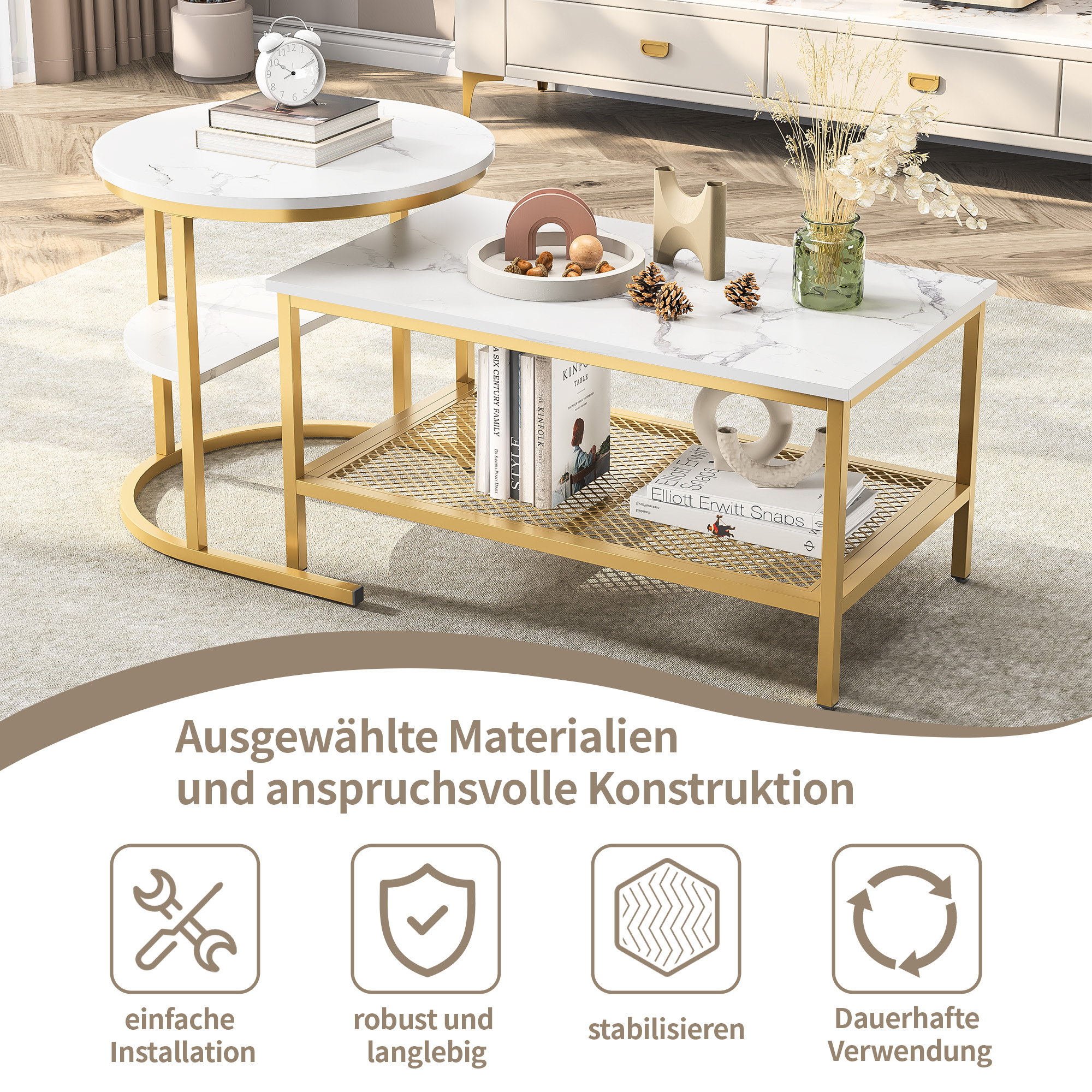2PCS Modern Nesting Coffee Table, Coffee Table Set Marble Veneer Sofa Side Nest of Tables End Tables,Set of 2,Golden Frame