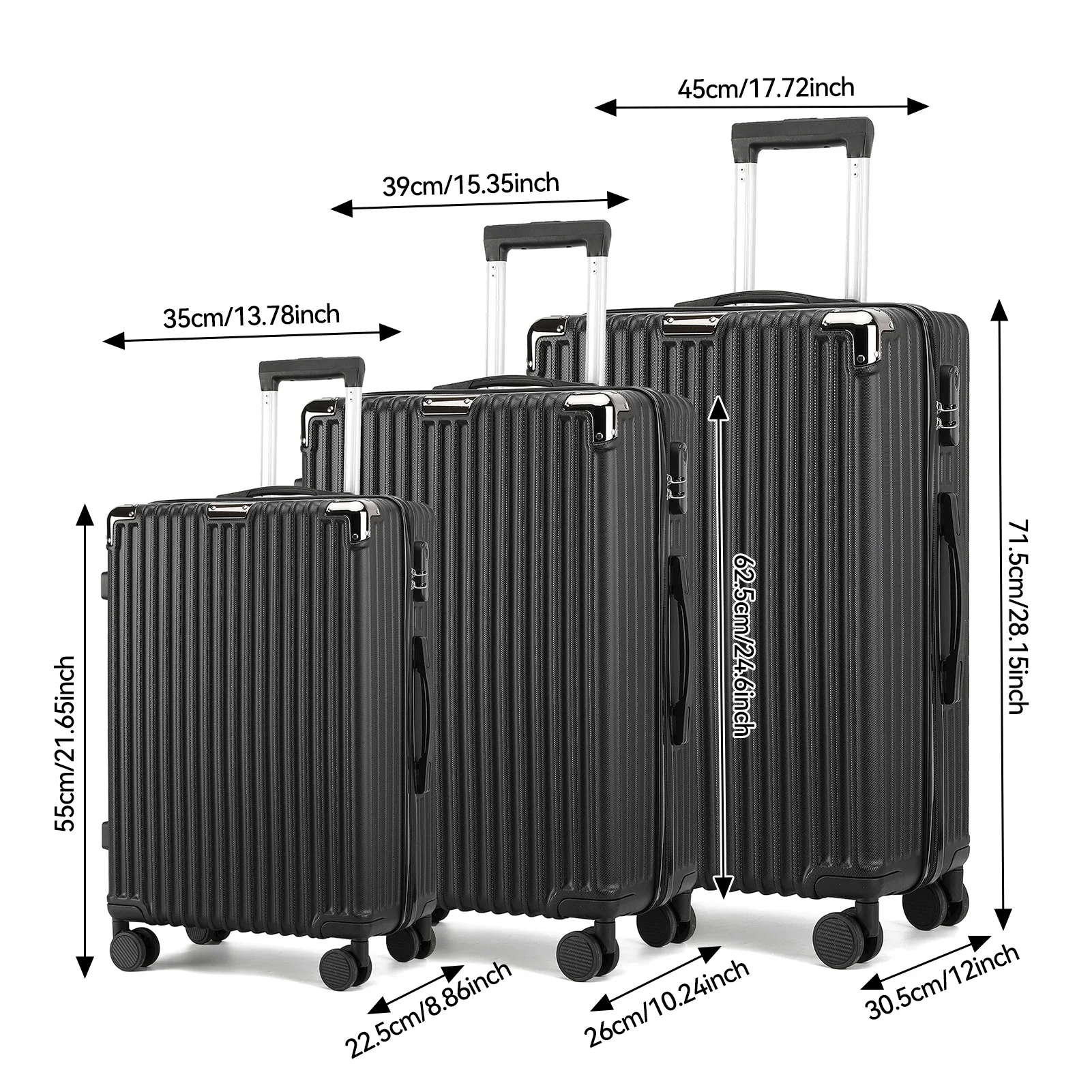 Conjunto de bagagem leve e resistente ao desgaste de 3 peças com compartimentos internos, rodas giratórias universais silenciosas,