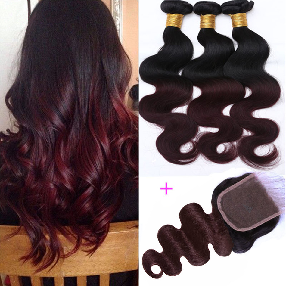 Bourgondië Bundels Met Sluiting Body Wave Ombre Bundels Met Sluiting 1B/99J Two Tone Human Hair Weave Gekleurde Bundels met Sluiting