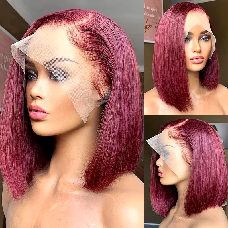 Borgonha Bob peruca com frente de renda transparente, cabelo humano, reto, cor vermelha, 13x4, 200 Densidade, 99J