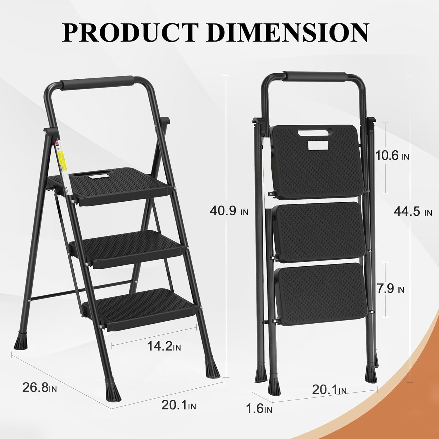 3 Step Ladder, Folding Step Stool with Wide Anti-Slip Pedal, Sturdy Steel Ladder, Convenient Handrail