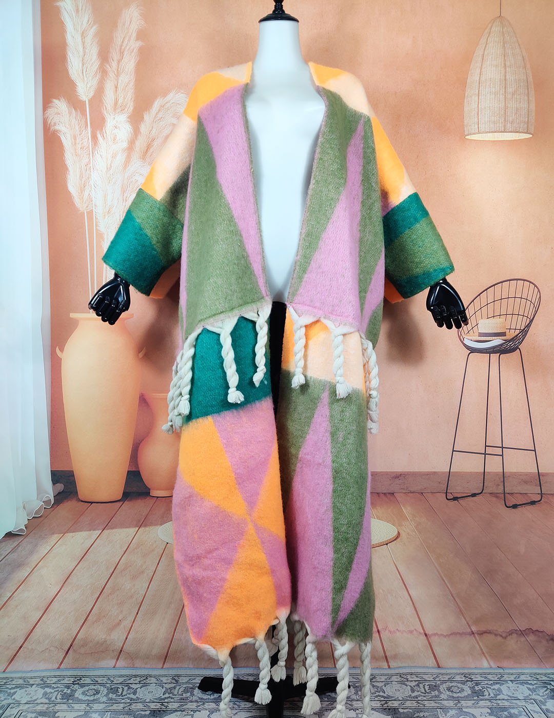 Mode blogueur américain populaire hiver ouvert devant chaud flou longs Cardigans surdimensionné africain multicolore doux laine Duster manteau
