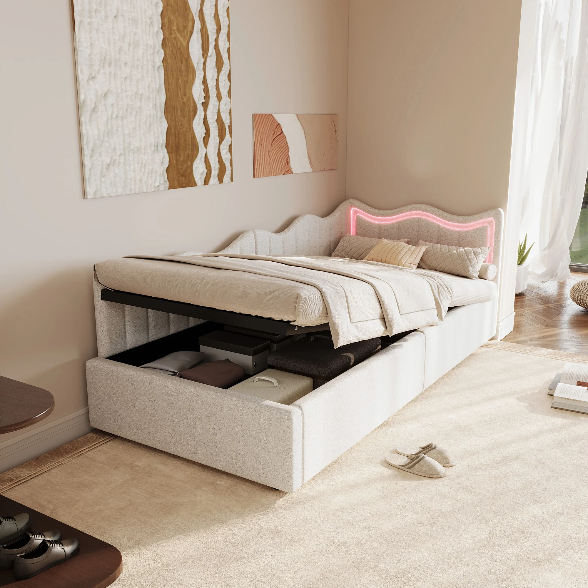 Sofa jednoosobowa rozkładana Rosahqnda, rozmiar 90 x 200 cm, sofa z funkcją spania, łóżko tapicerowane, łóżko pojedyncze z hydraulicznym schowkiem, leżanka