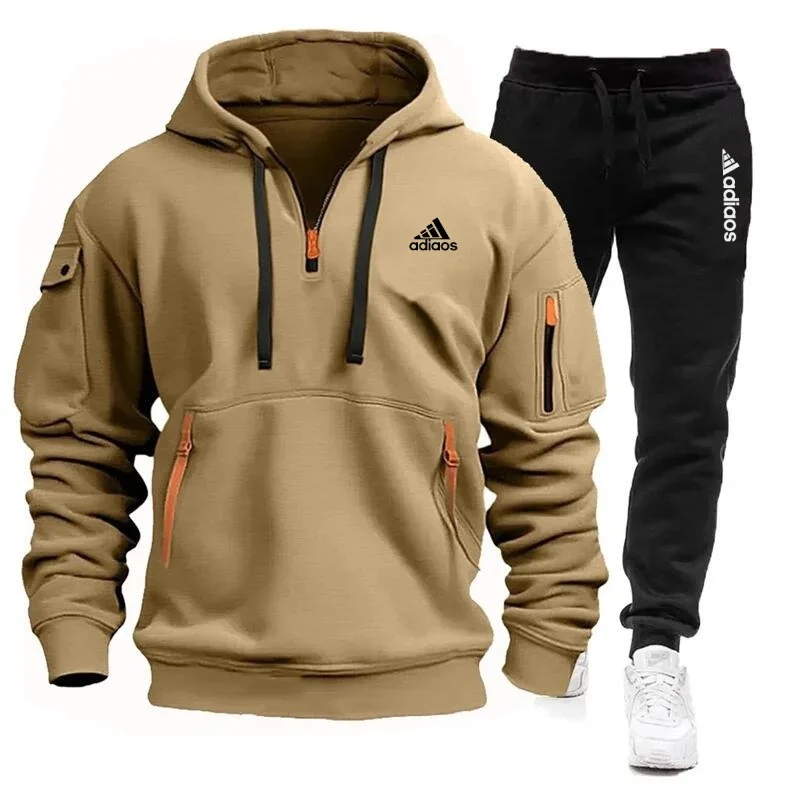 Conjunto de ropa deportiva y pantalones con múltiples bolsillos y cremallera para hombre, ropa deportiva informal, traje para correr, conjunto de dos piezas con capucha para primavera y otoño 2024