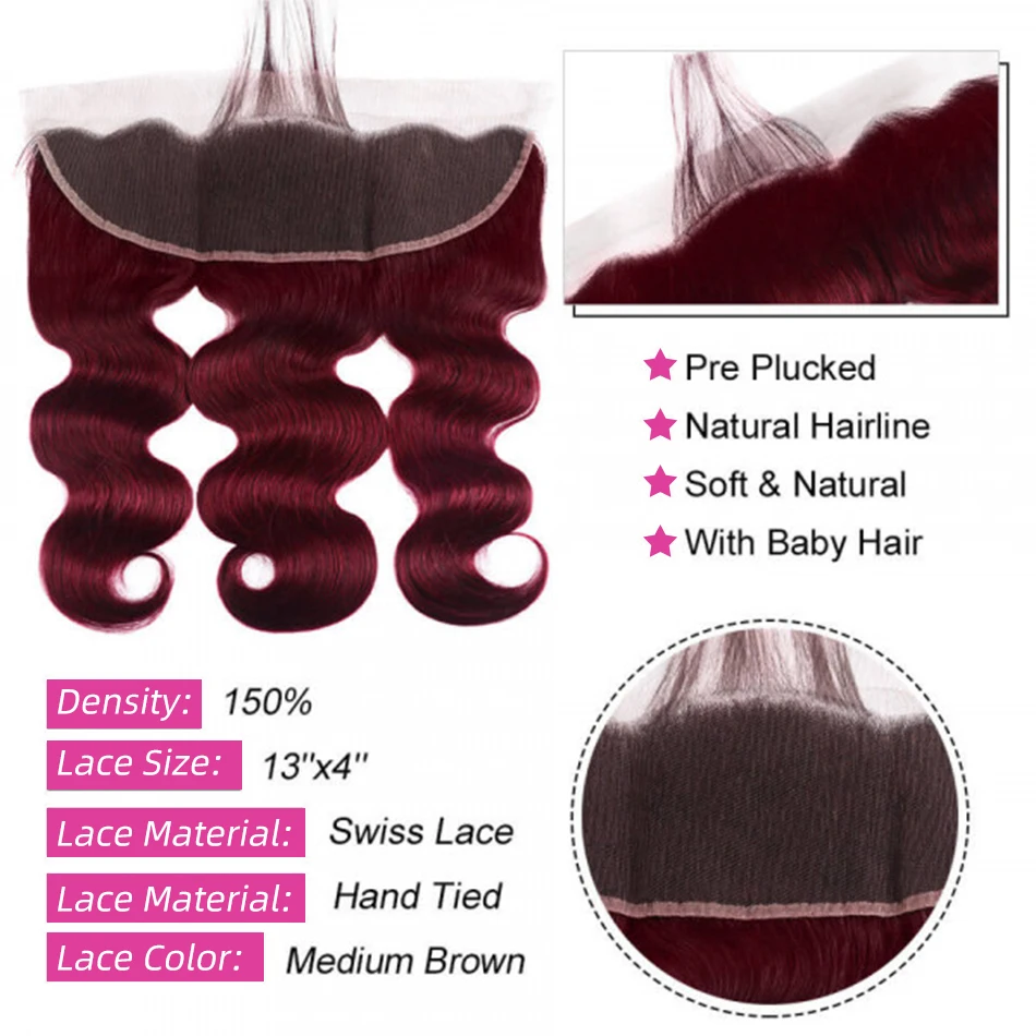 2/3/4 pacotes com destaque frontal da onda corporal Borgonha # 99J cabelo humano 13x4 frente do laço com 3 pacotes de cabelo brasileiro para mulheres