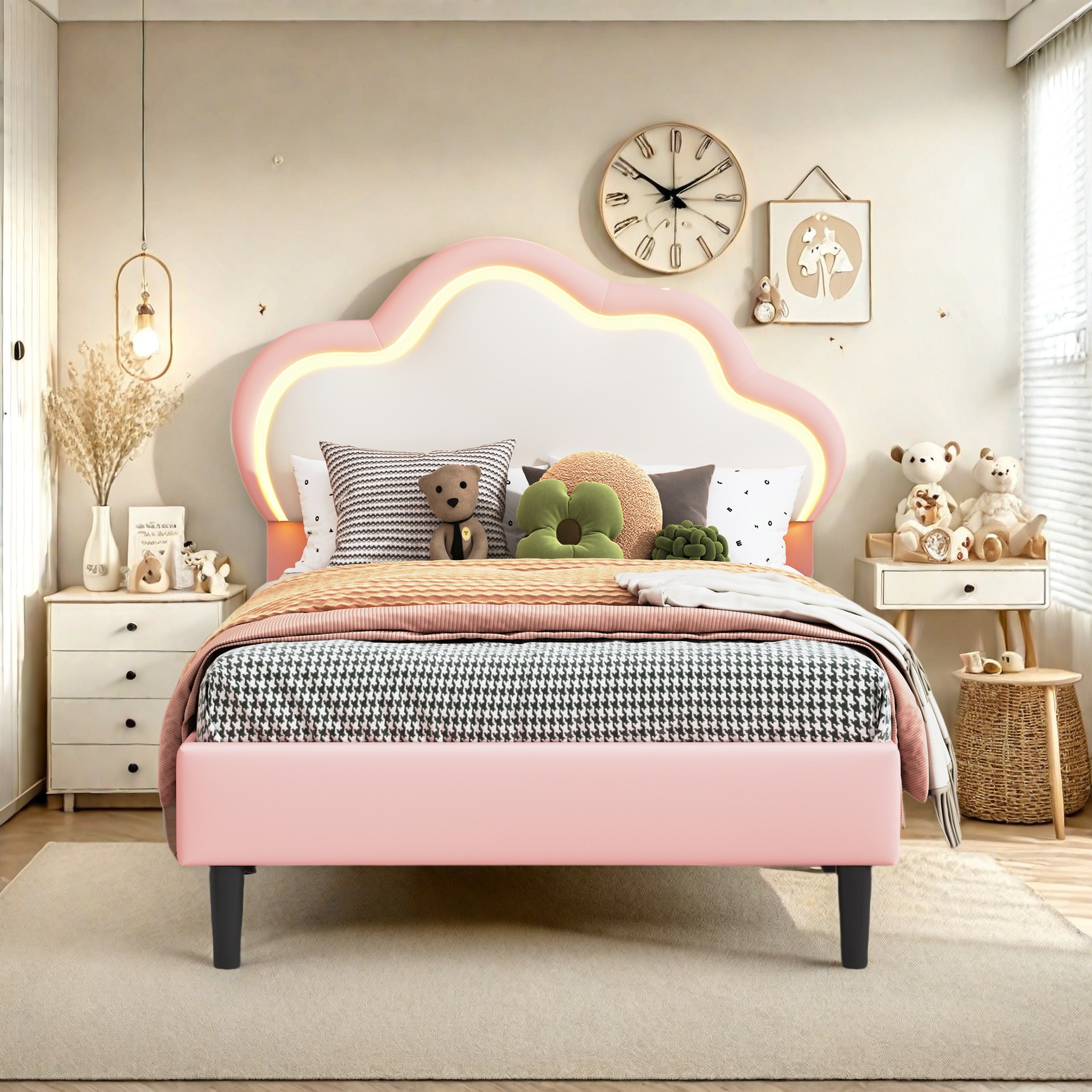 Rosahqnda Kinderbett Mädchenbett 90*200cm mit LED,verstellbares Kopfteil,Wolkenbett,Kinderbett,Einzelbett,Polsterbett,PU, ​rosa