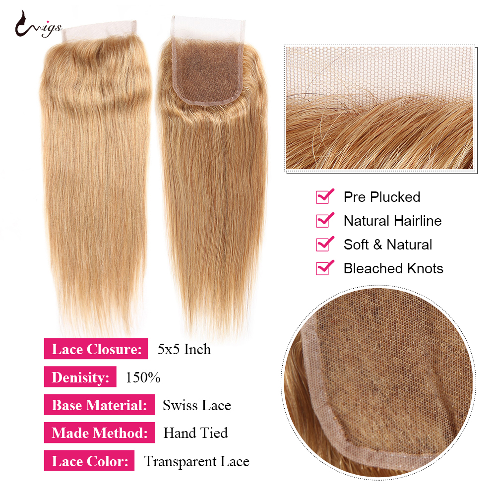 Rubio miel de cabello humano con cierre Frontal, mechones recto de 13x4, 5x5, transparente, color ombré, #27