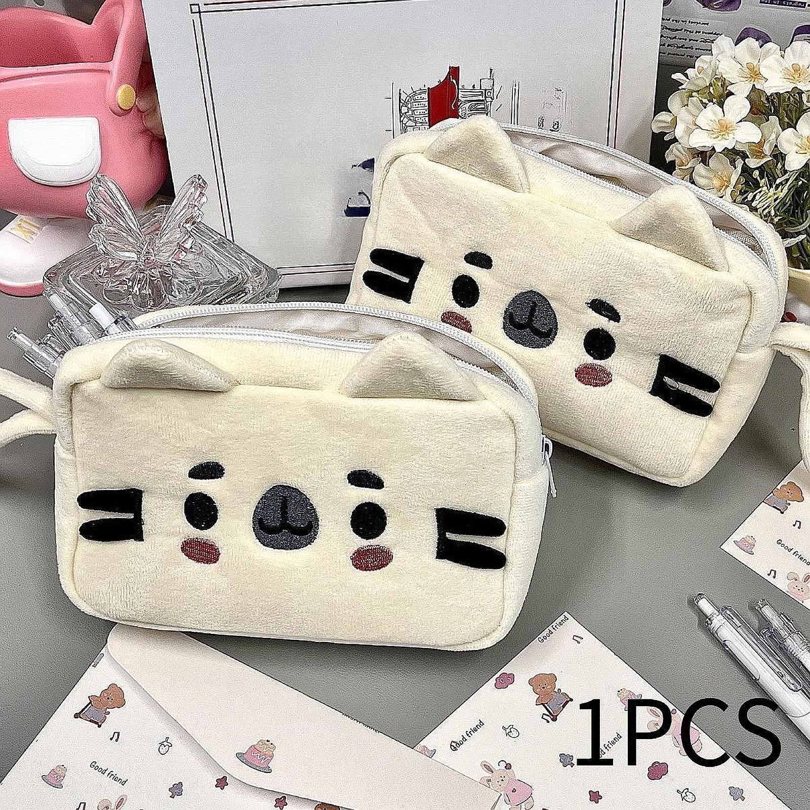 Plush Pencil Case Cute Cat Makeup Bag Large Capacity Portable Plush Animal Stationery Storage Pouch Zipper Closure Pen Case