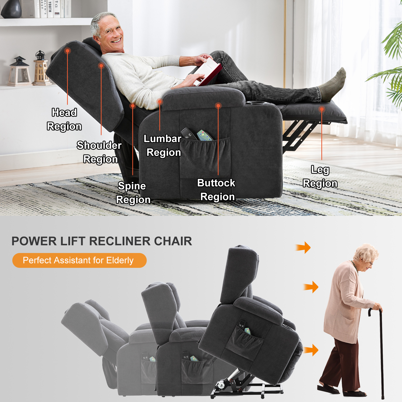 Sillón reclinable COMHOMA, sillón de masaje con elevación y superficie de tela, sillón elevador eléctrico, sillón para TV, sillón con elevación y función reclinable, tela