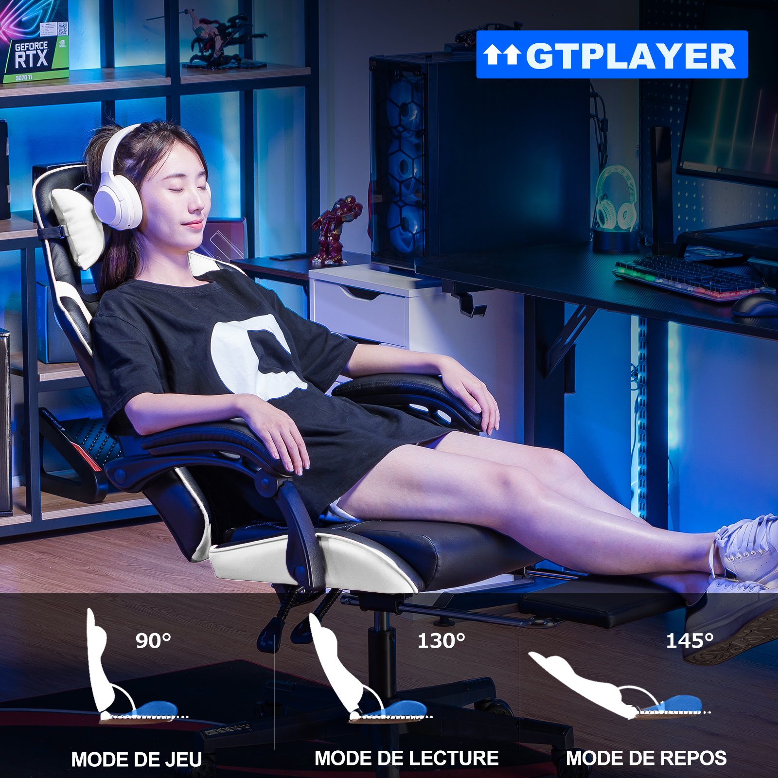 Chaise de jeu GTPLAYER, chaise de jeu, chaise de bureau ergonomique avec repose-pieds, coussin lombaire et tête réglable, chaise de jeu rembourrée, fauteuil de jeu, capacité de charge de 150 kg