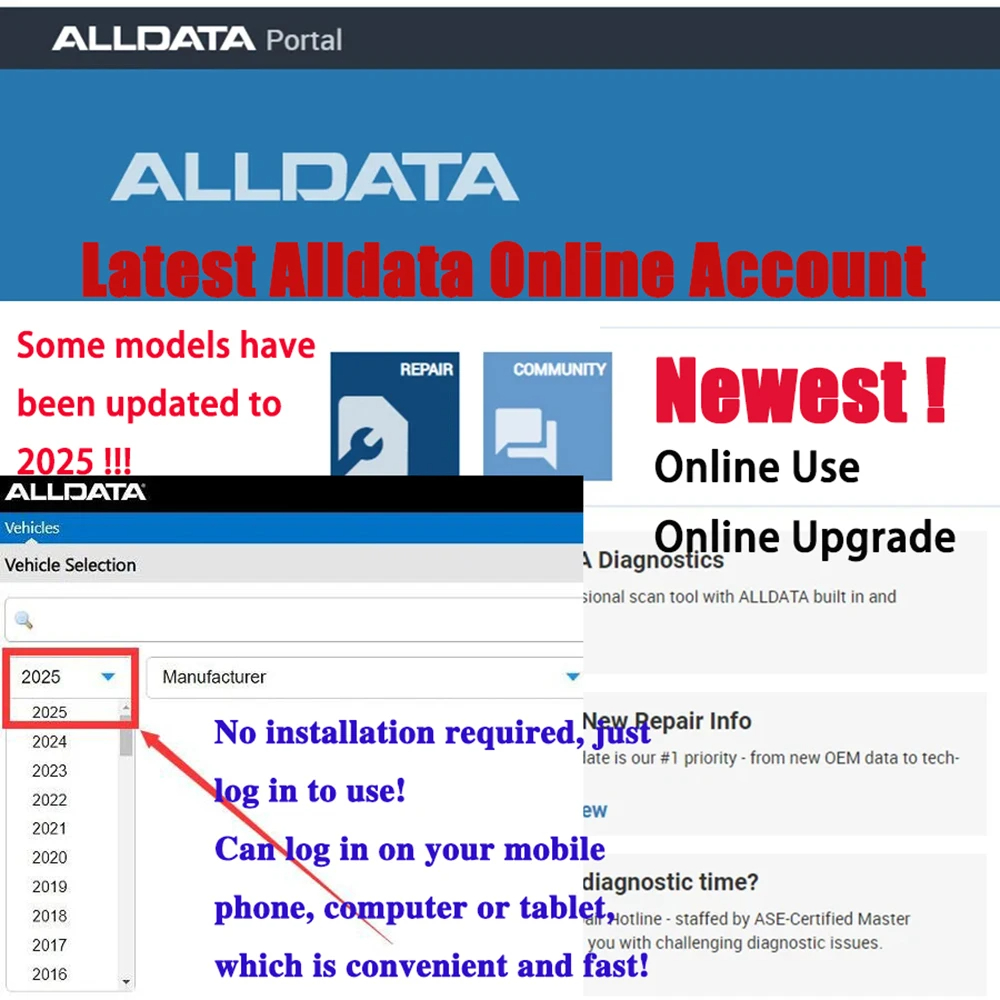 2025 Alldata Auto Data El más nuevo software de cuenta en línea Versión completa Estimate Tsb Dtc Diagramas de cableado 2024 Herramienta esencial de taller