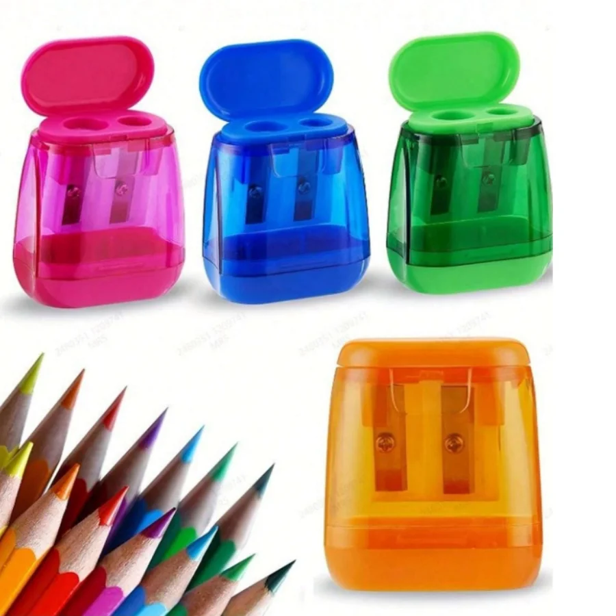 Sacapuntas de doble orificio de 4 piezas con tapa y recipiente para virutas, juego de sacapuntas manual portátil para lápices de colores.