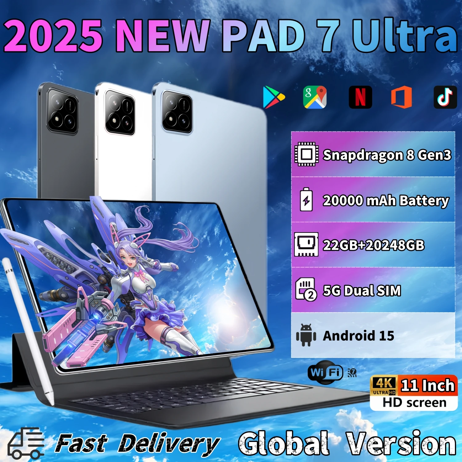 2025 versão global original pad 7s ultra snapdragon 8gen3 android 15 tablet 11 Polegada hd 2gb + 2 tb 20000 mah 5g duplo sim wifi mesas pc