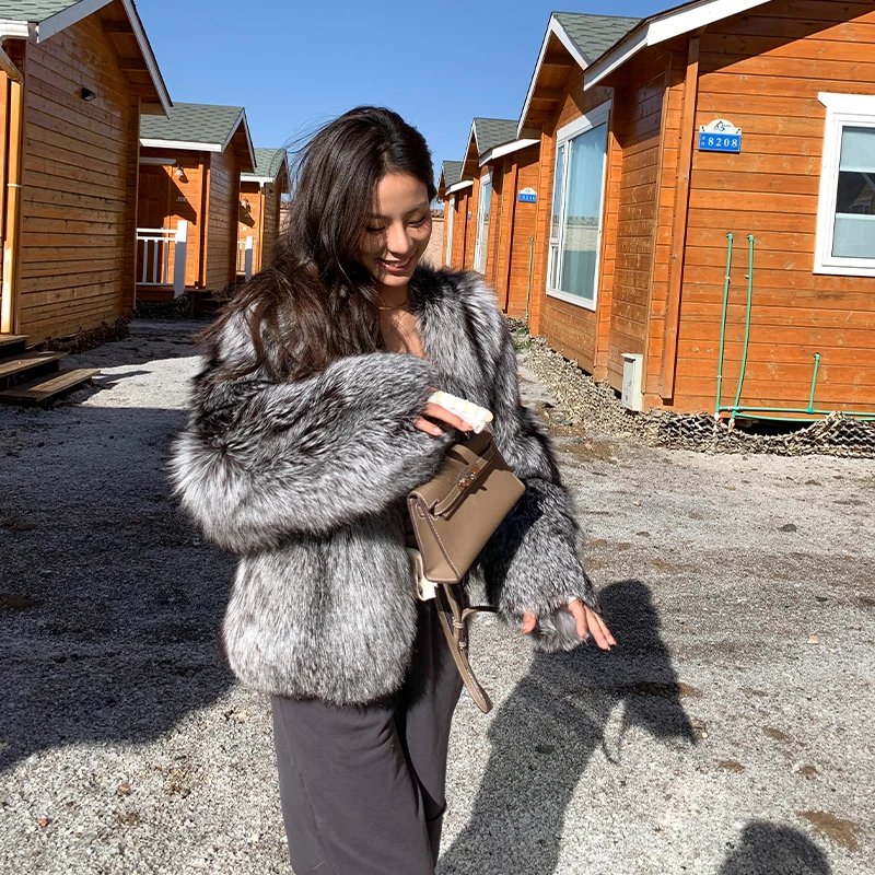 Echte Natürliche Silber Fuchs Pelzmantel High-end-Qualität Echte Frauen Winter Luxus Weibliche Jacke Langarm