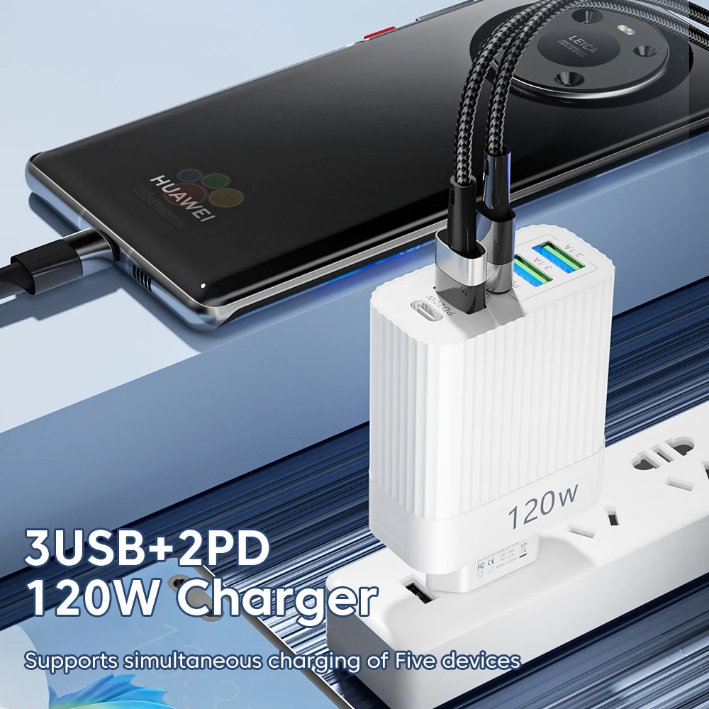 Cargador USB de 5 puertos QC 3,0 tipo C PD, carga rápida para iPhone 15 14 Samsung Huawei Xiaomi, cargador de pared con enchufe europeo/estadounidense