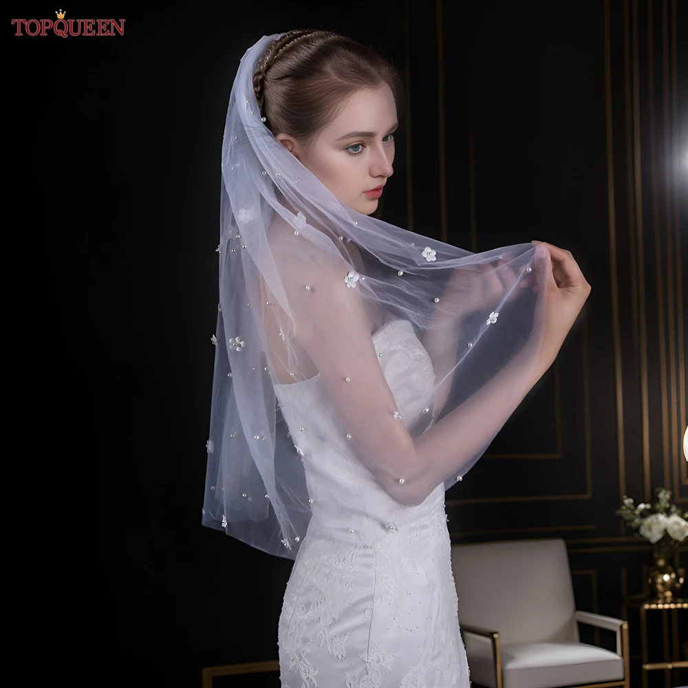 Toprqueen V83 Kerudung Pengantin Panjang 1 Lapis Kerudung Pernikahan dengan Sisir Bunga Mutiara Kerudung Gading Putih Aksesori Gaun Pengantin Kain Tule