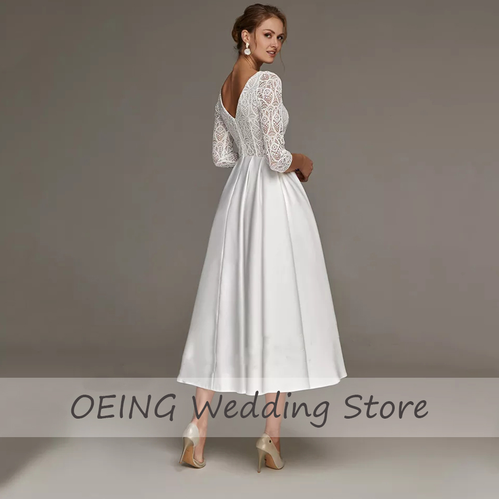 Kurze Hochzeit Kleid Spitze V-ausschnitt 3/4 Ärmeln Midi Hochzeit Kleid 2023 Weiß Satin Tee Länge EINE Linie Einfache Braut kleider für Frauen