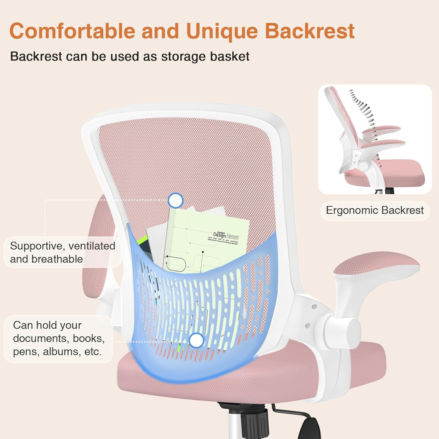 Naspaluro Ergonomic Office Chair Desk Chair with 90° Folding Armrests Breathable Mesh Padding for Bedroom Home Office Study