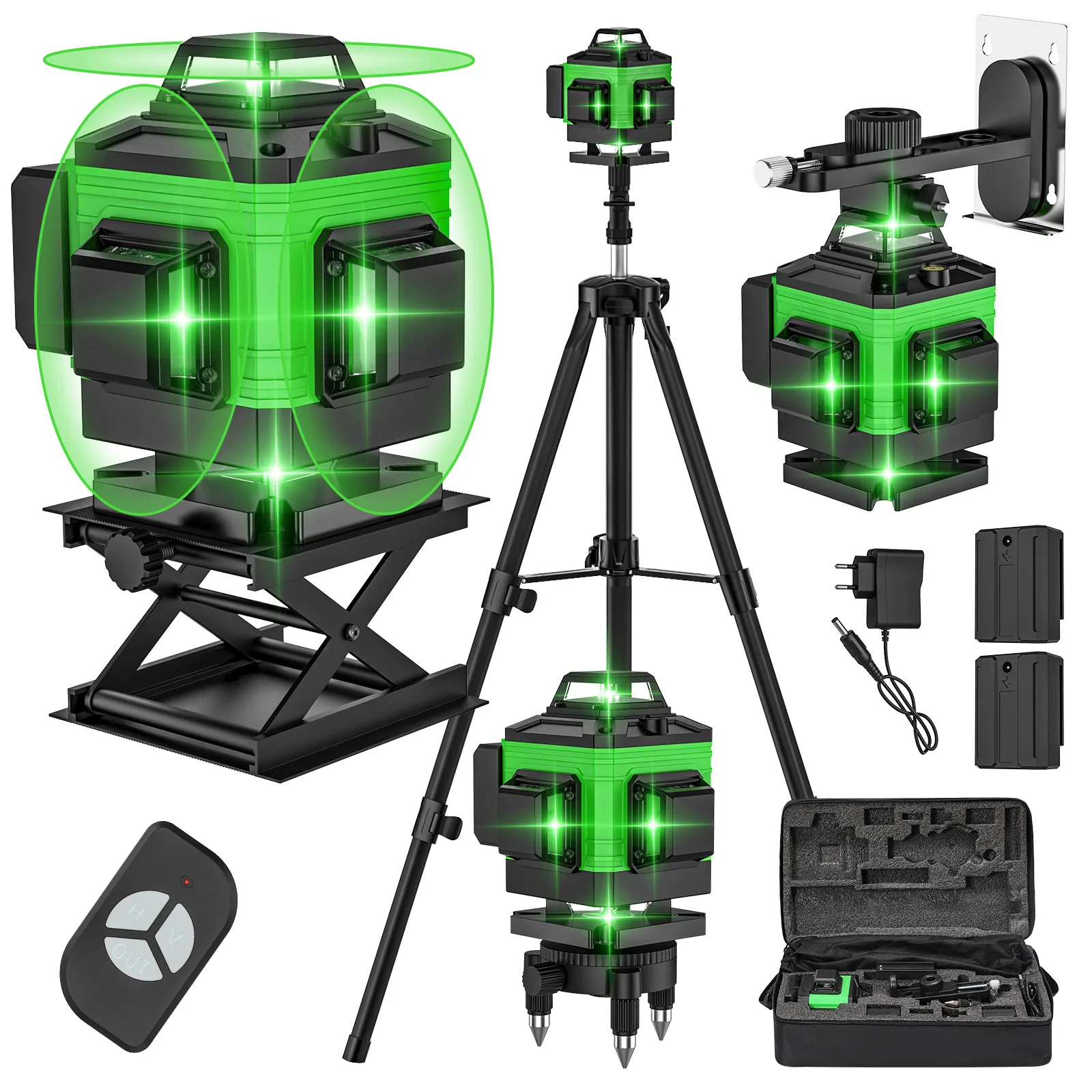 Nivel láser 4D de 16/12 líneas, línea verde, autonivelante, 360 Horizontal y Vertical, nivel láser súper potente, nivel láser de haz verde