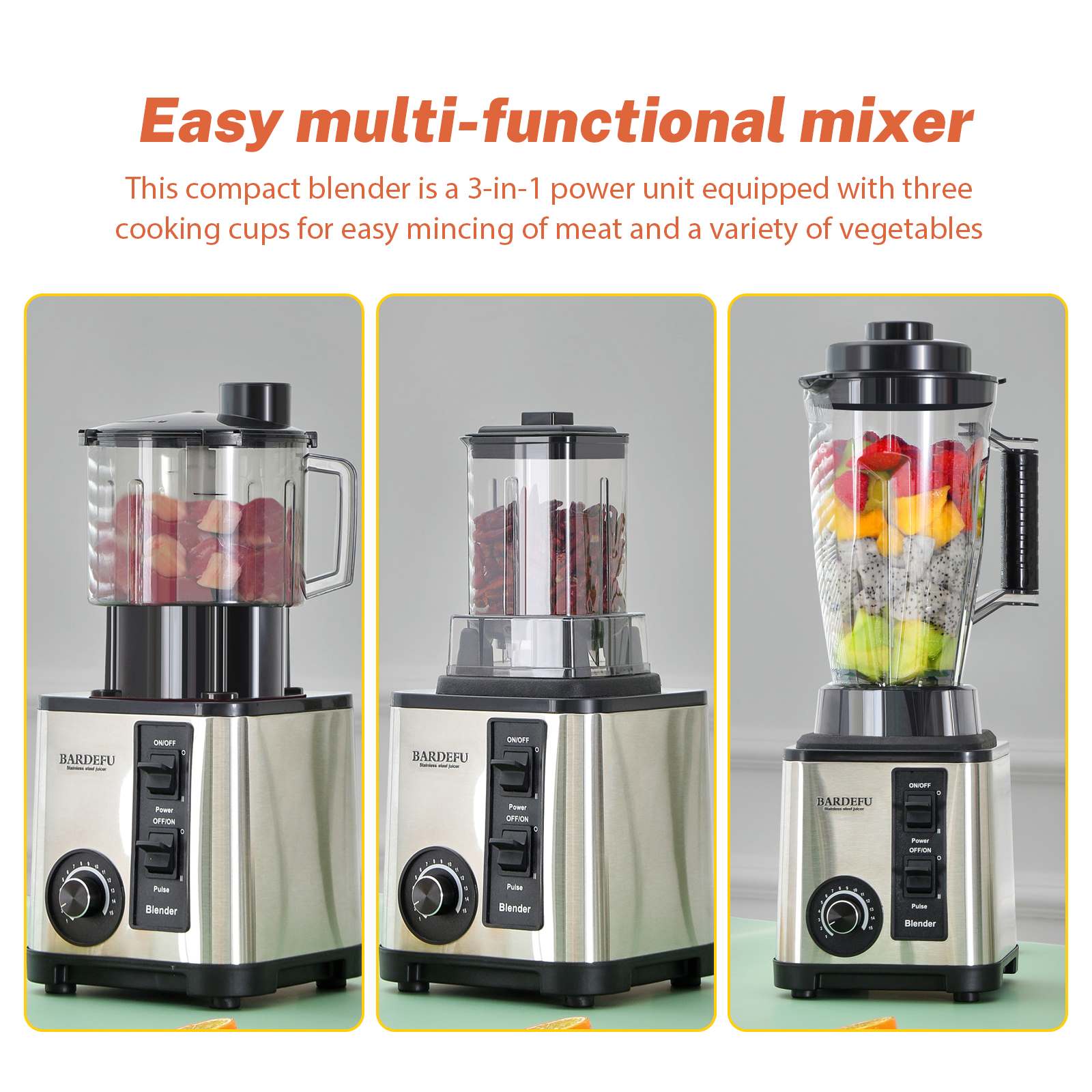 GECOFEER 3L 6-in-1-Mixer, Edelstahl, großes Fassungsvermögen, geschnittenes Gemüse und Schnitzel, Eisbrecher, Salatmühle, Fleischwolf, Entsafter