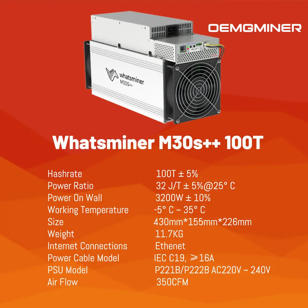 Whatsminer M30S++ 106TH ใหม่ในการรับประกันผู้ผลิตปิดผนึกจากโรงงาน
