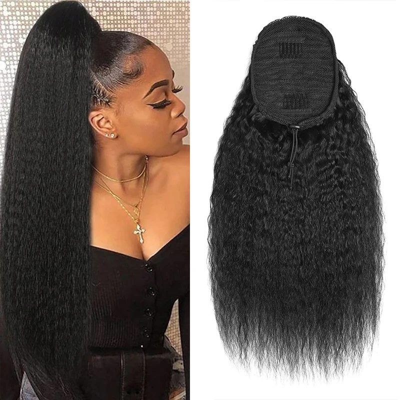Kinky reta rabo de cavalo extensão do cabelo humano 100% cabelo humano real envoltório em torno do cordão no rabo de cavalo natural preto # 1B para mulheres