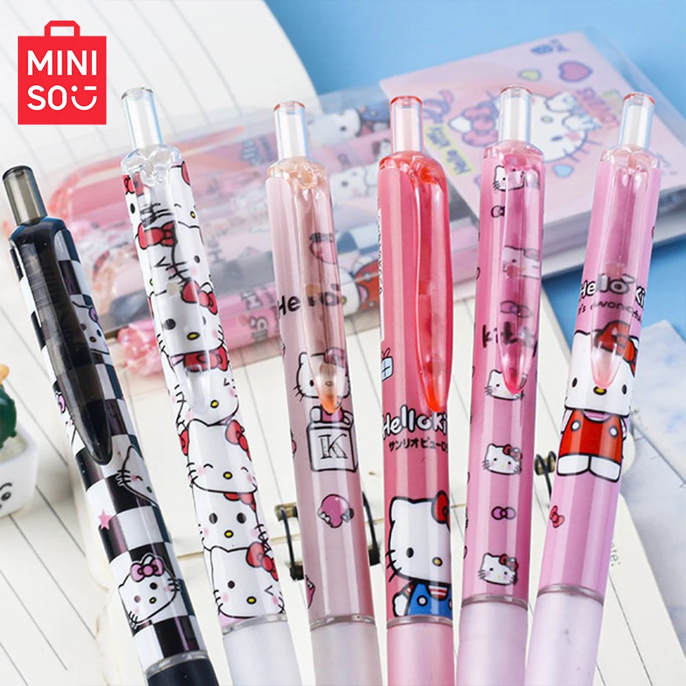 Miniso 6 Stück Hello Kitty 、 Kuromi Schnelltrocknende schwarze Gelschreiber mit Druckknopf für Schreibwaren, Bürobedarf