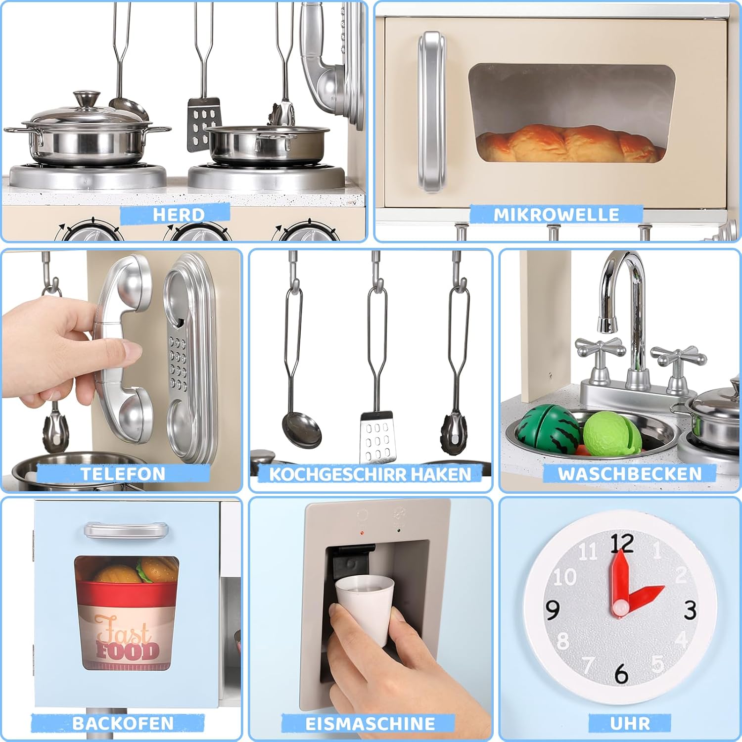 Kids Wooden Pretend Cooking Kitchen Playset with Cabinets for Toddler