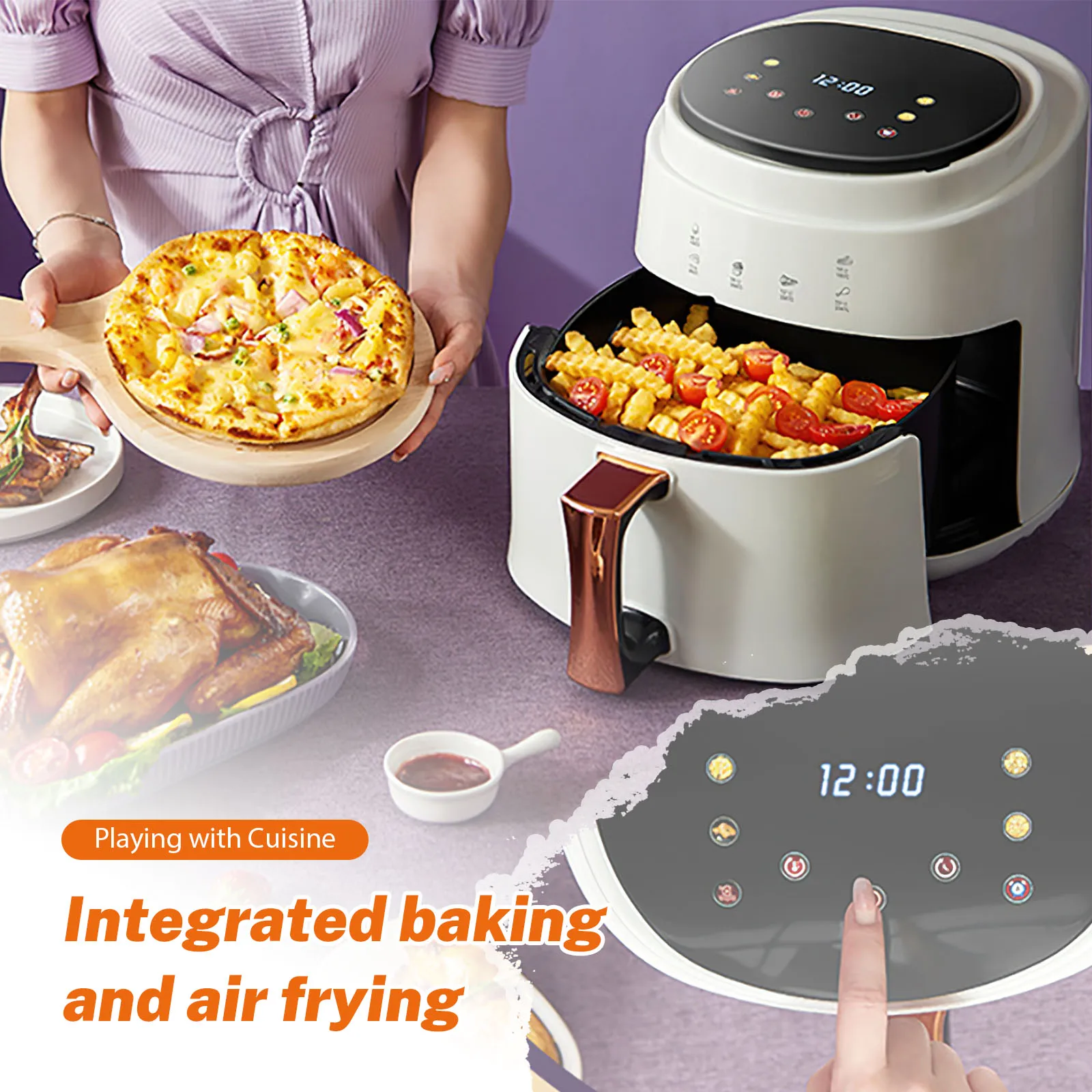 Fritadeira multifuncional do ar da casa com tela táctil, 1400W, 220V, 6 modos refrigerando, 8l, 360 °