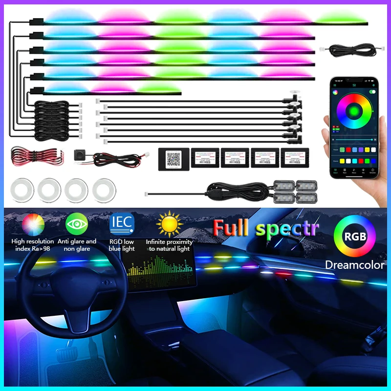 Universal hc22 neon luzes ambientais do carro rgb 64 cores universal led interior escondido tira acrílica sinfonia atmosfera lâmpada