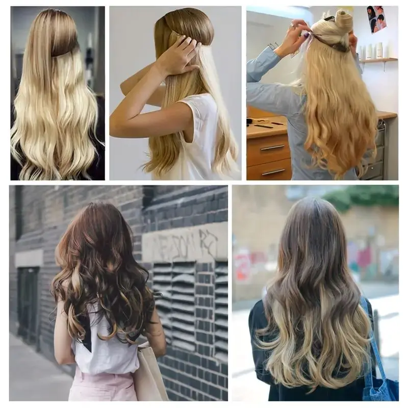 Linha de peixe 100 extensão do cabelo humano pedaço cabelo loiro remy cabelo reto fio de pesca com 3 clipes fio invisível extensão do cabelo
