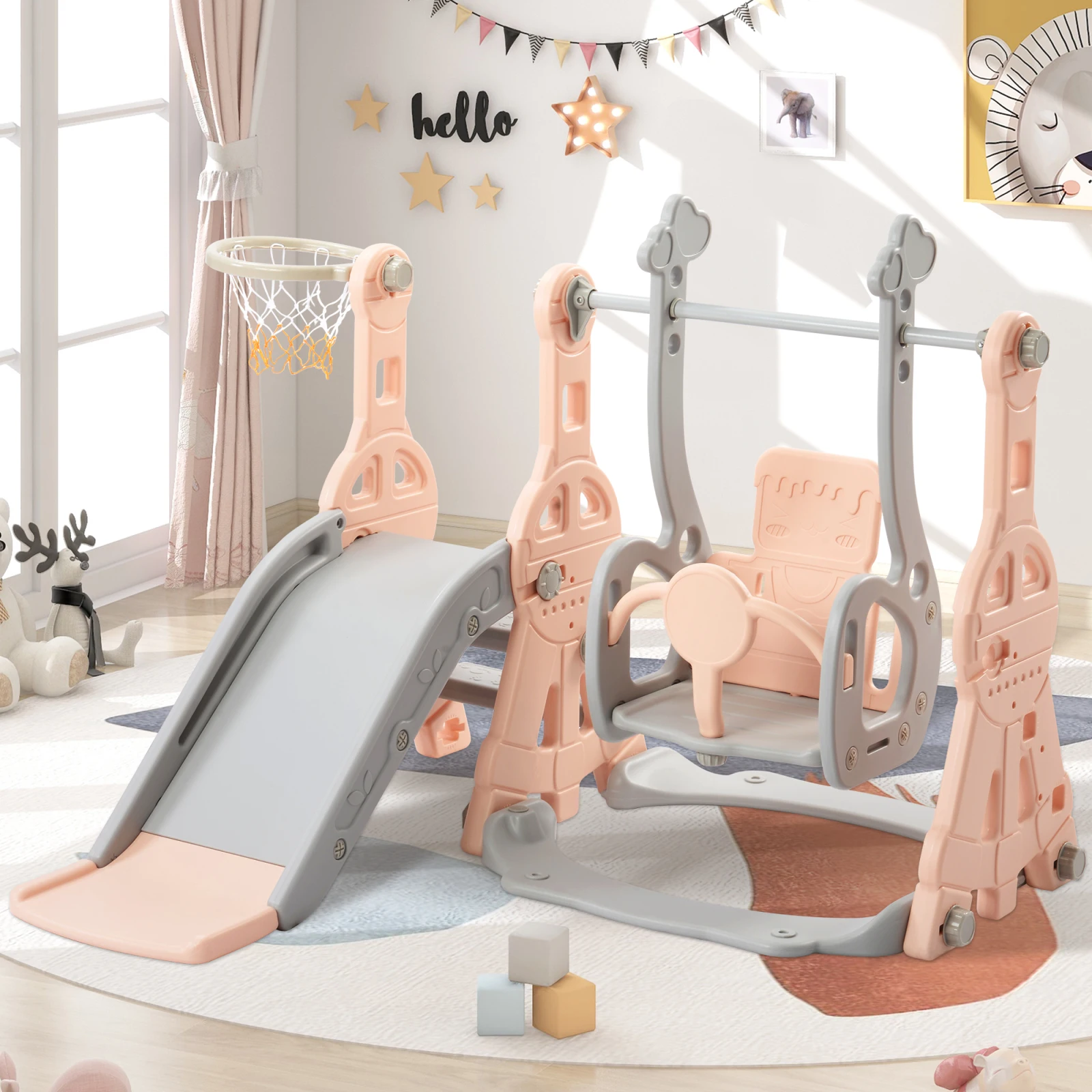 Rosahqnda Scivolo per bambini, 4 in 1, altalena + supporto da basket + scala, adatto per 1~3 anni, scivolo per interni ed esterni