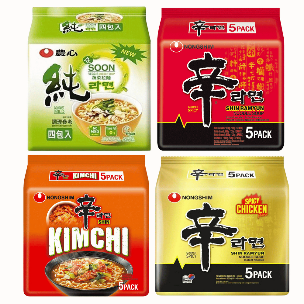 Nongshim Assorted Flavours Instant Ramen Noodle - Spicy Chicken, Original, Soon & Kimchi (Pack of 20)