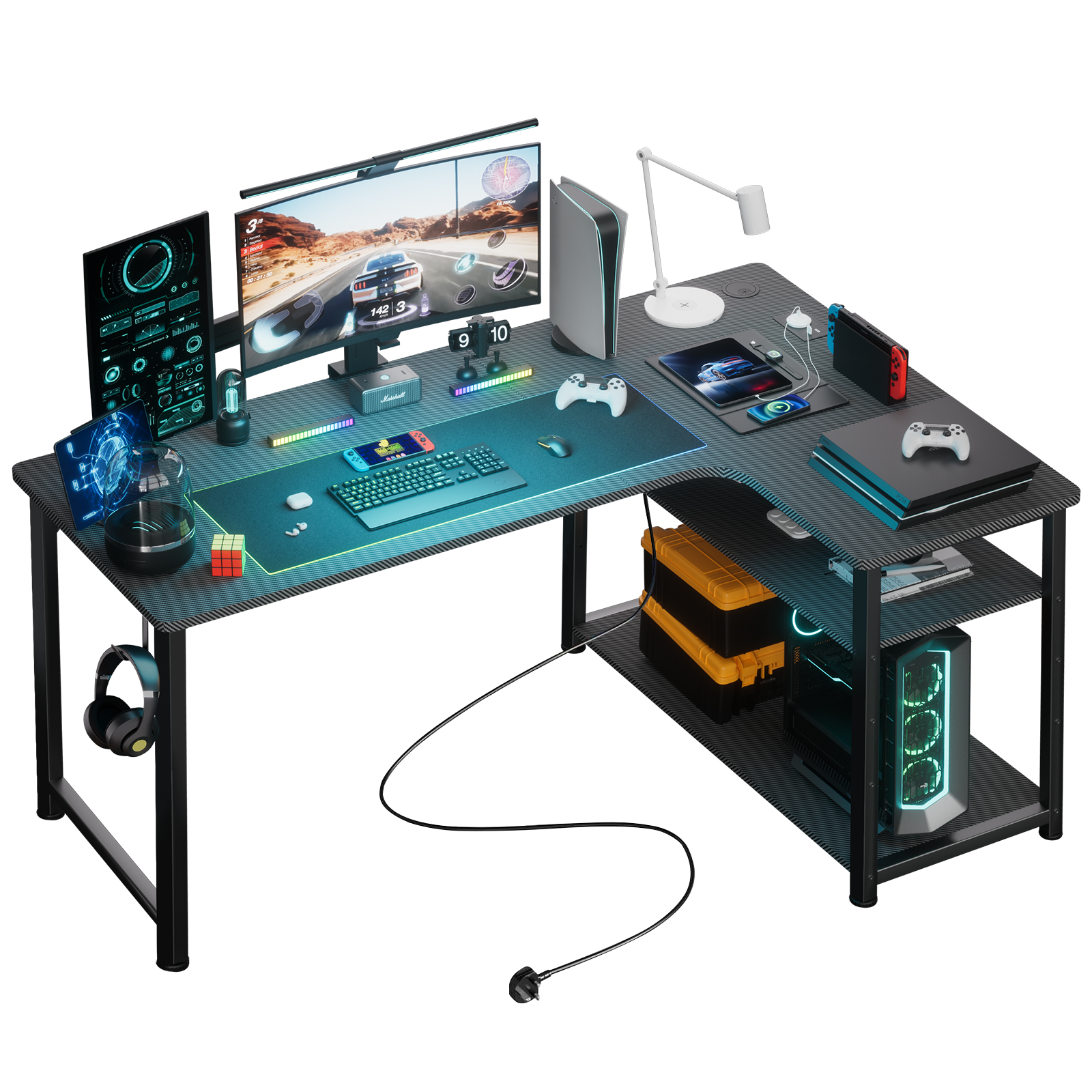COMHOMA tavolo da gioco da tavolo con ripiano, scrivania angolare con porta di ricarica USB e presa, tavolo da computer da 120cm PC a forma di L