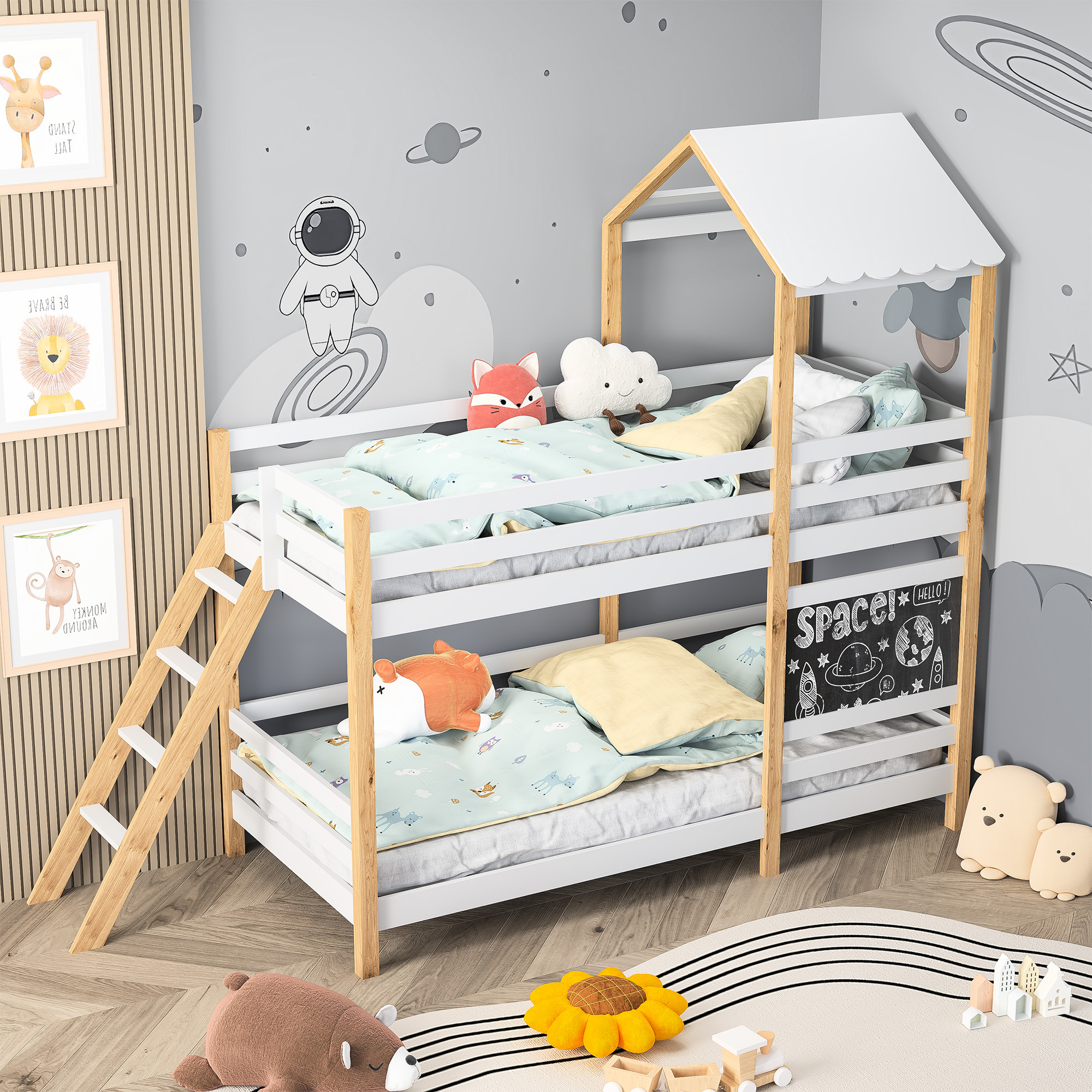 Lit double 90x200cm avec escaliers et tableau noir, lit avec clôture, lit avec toit design enfant, lit mezzanine enfant - blanc