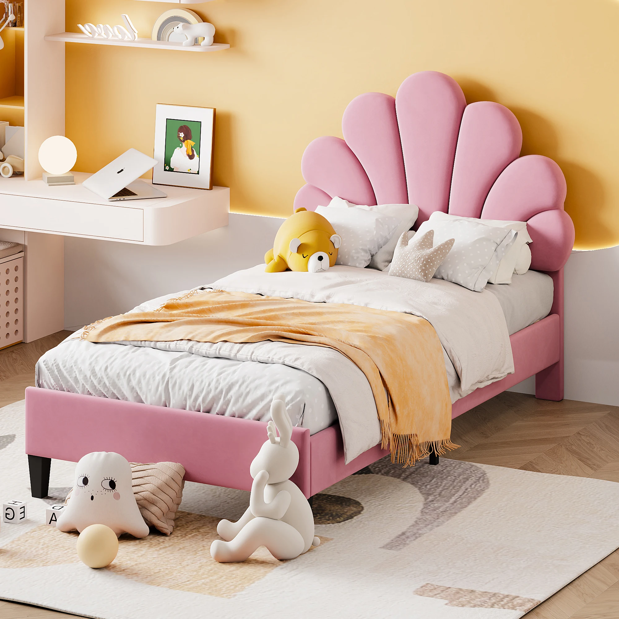 Cama estofada de 90x200cm, estrutura de cama infantil com cabeceira floral e base de ripas, cama de menina teenie, tecido de veludo