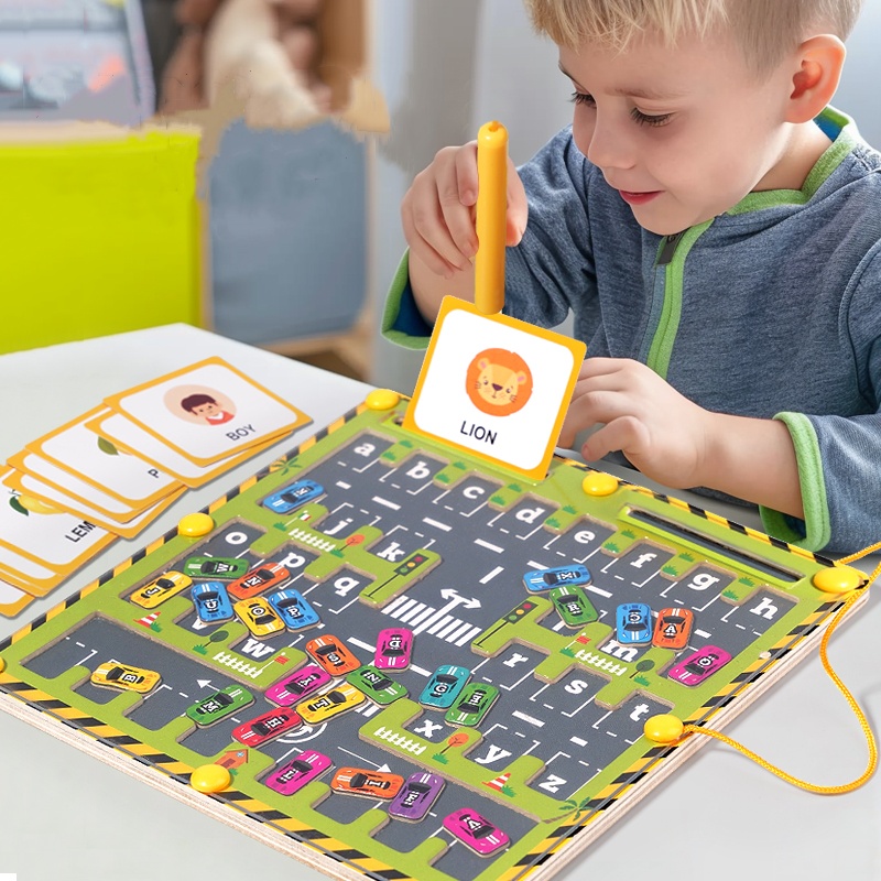 마그네틱 자동차 알파벳 메이즈 몬테소리 장난감, ABC 인지 조기 교육 장난감, 유치원 단어 학습, 어린이용 미세 모터 장난감