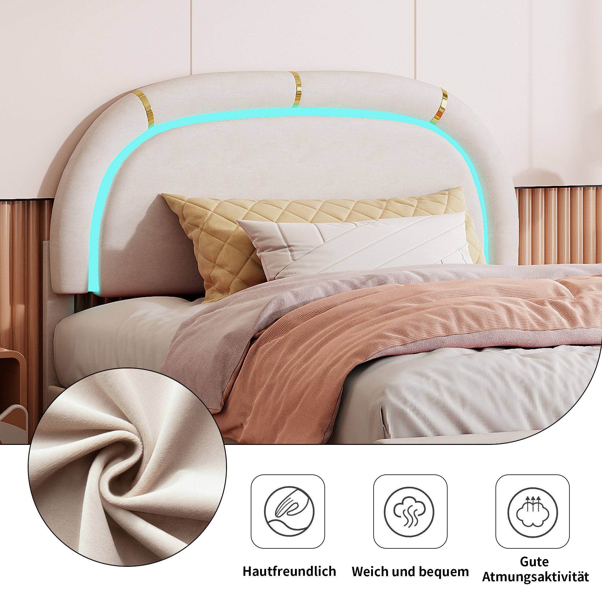 Lit enfant Lit double LED 140 x 200 cm, cadre de lit rembourré avec sommier à lattes et tête de lit réglable, lit en flanelle, lit pour adolescents