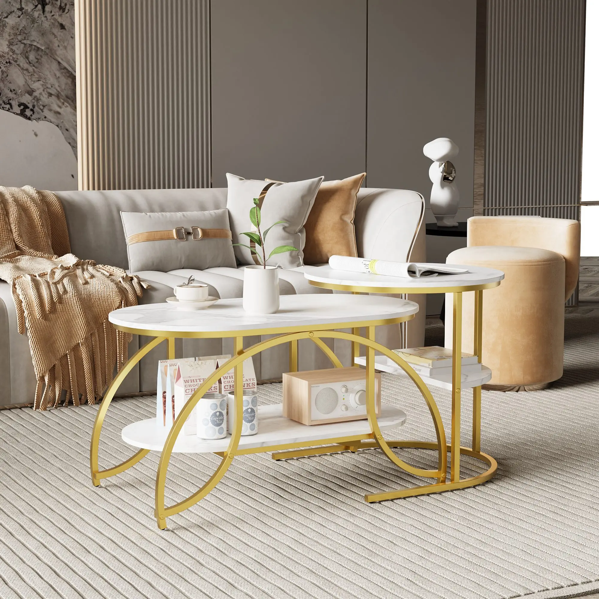 Rosahqnda conjunto de mesa de centro moderna, aparência de mármore, estrutura de metal, mesa de centro, sala de estar, sofá